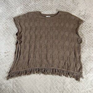 Sonoma Womens Small Sweater Brown Poncho Short Sleeve Cable Knit Fringe Boxy